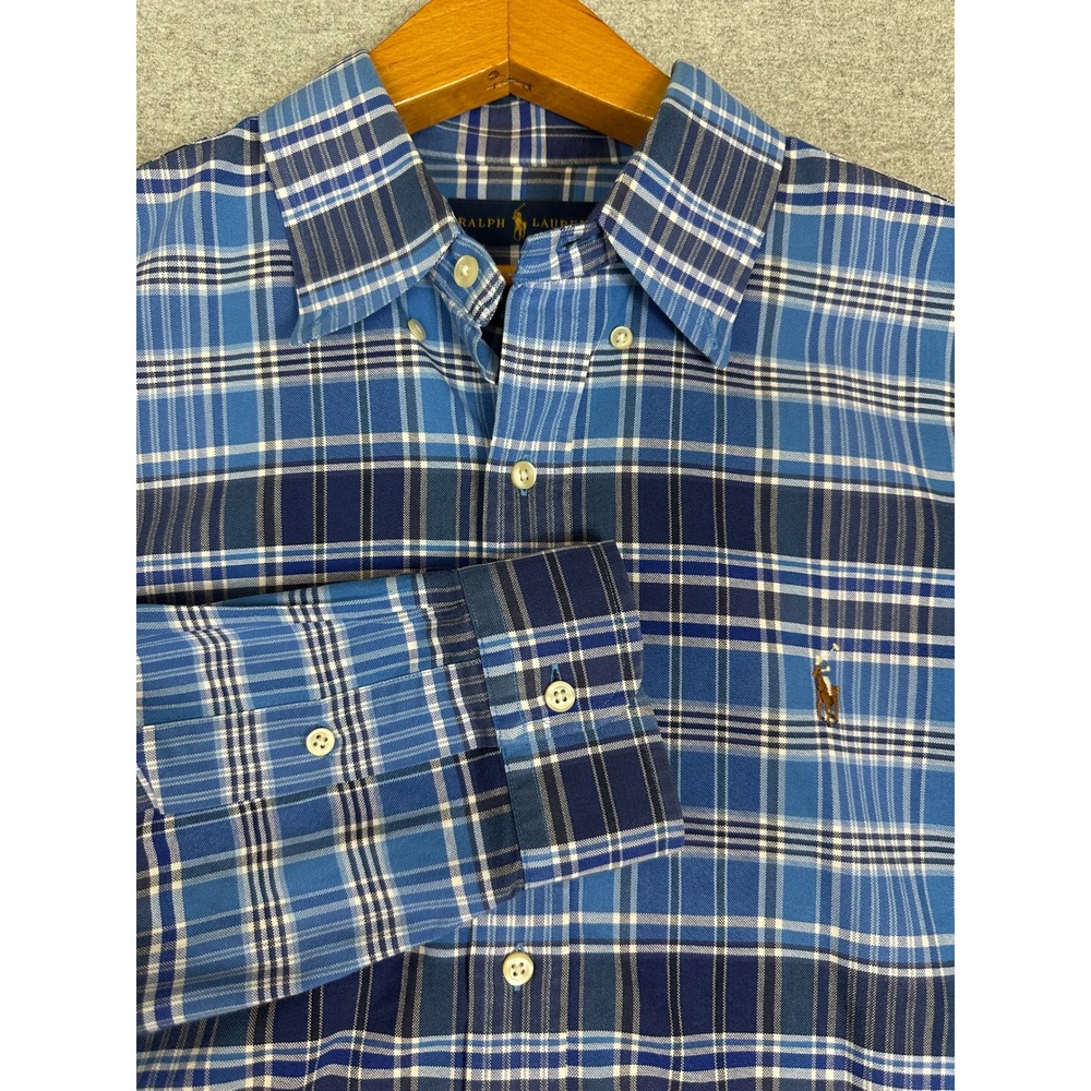 Ralph Lauren Button Down Shirt Mens L Blue Plaid Long Sleeve Flesh Pony Logo